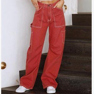 Red High Waisted Cargo Pants